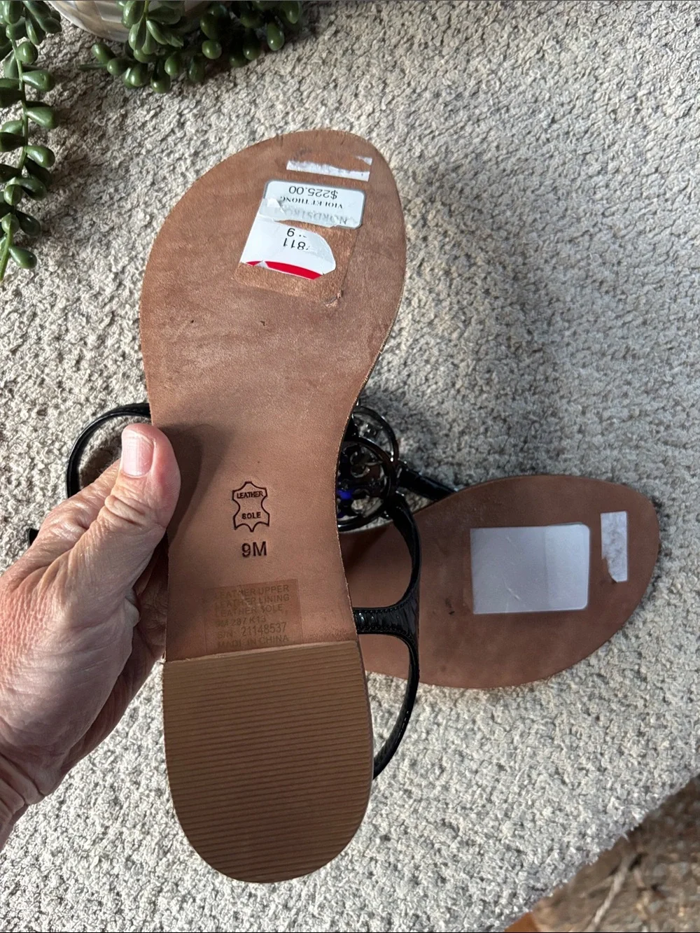 Tory Burch Black Patent Miller Thong Sandals with Brown Leather Footbed